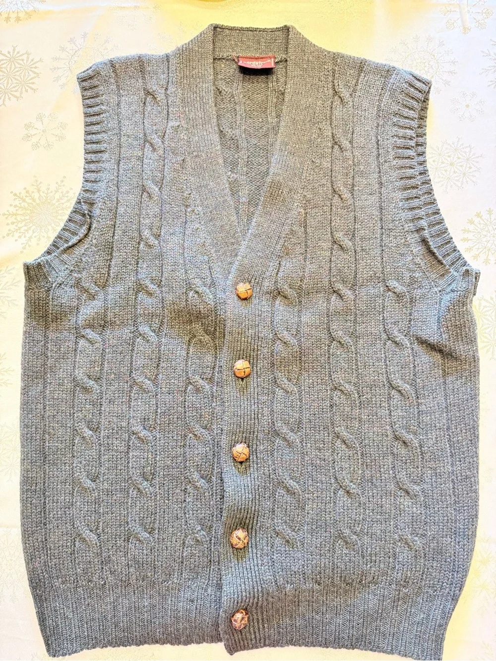 Vintage Nordstrom Grey Green Cable knit Vest Cardigan Leather buttons Men Med /F